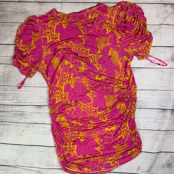 TANYA TAYLOR Chaia Floral Ruched Stretchy Top Pink Yellow Ikat Flower Size 0X - Picture 9 of 9